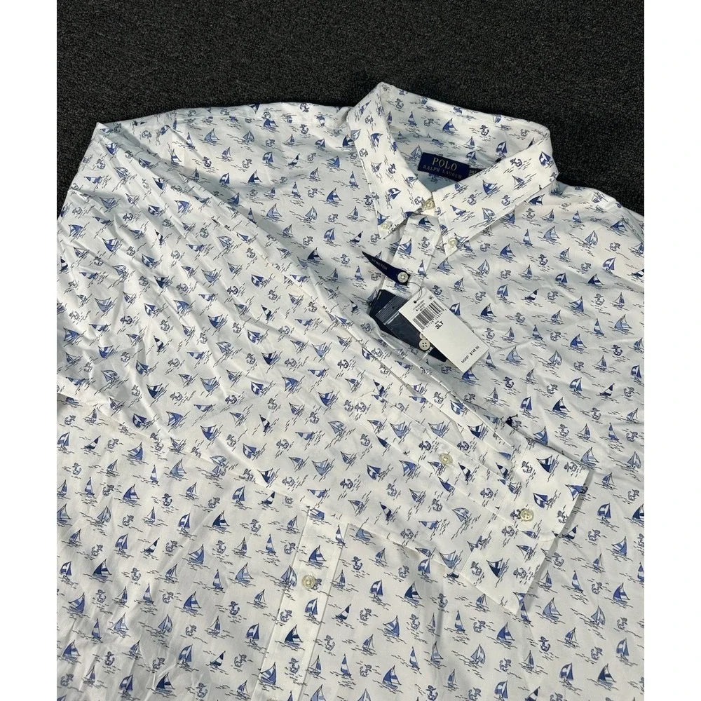 New Polo Ralph Lauren Shirt 3XLT White‎ Sailboat Print Nautical Preppy Stretch